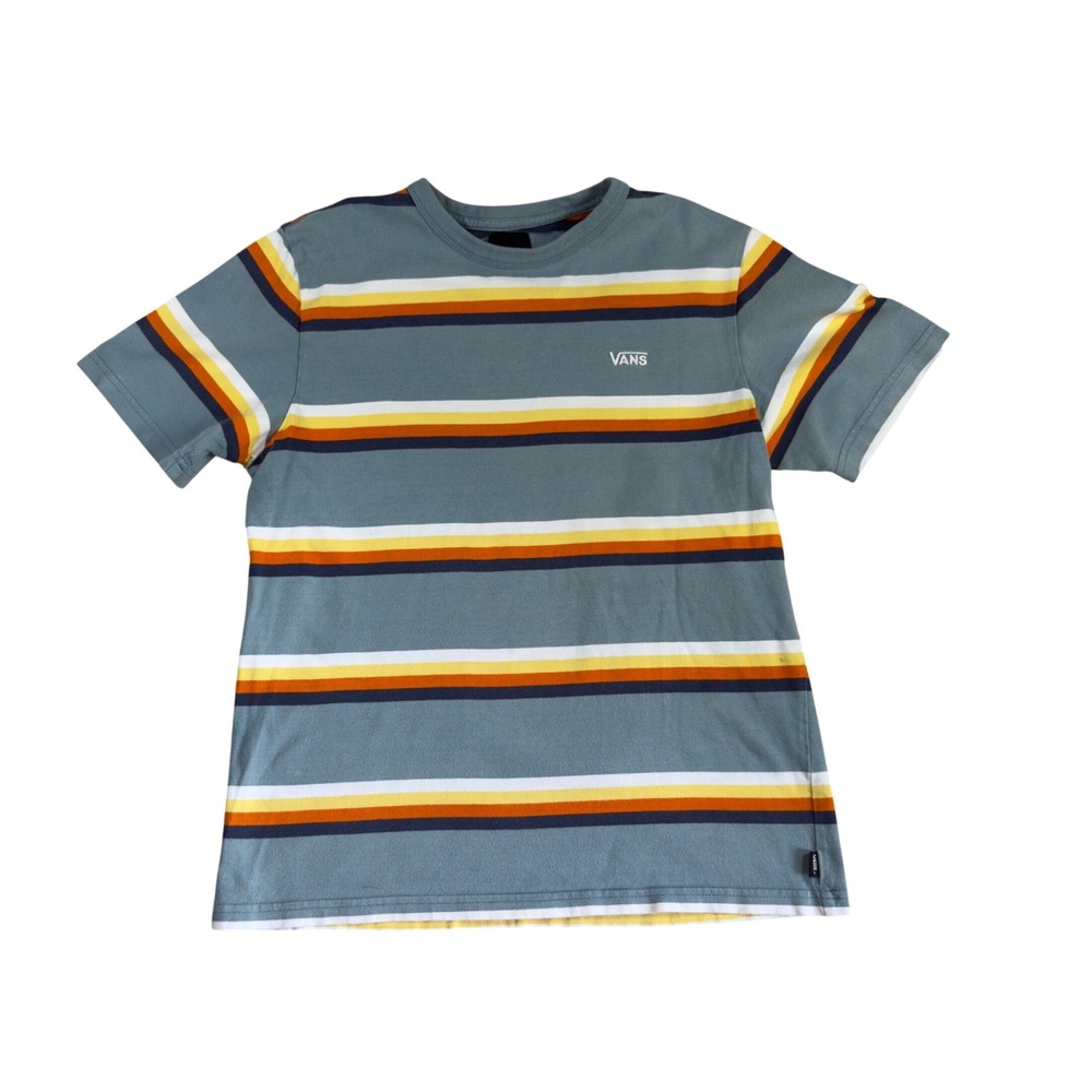 Vans Kids Large Blue Orange Yellow Striped Short Sleeve Skater T-Shirt Logo